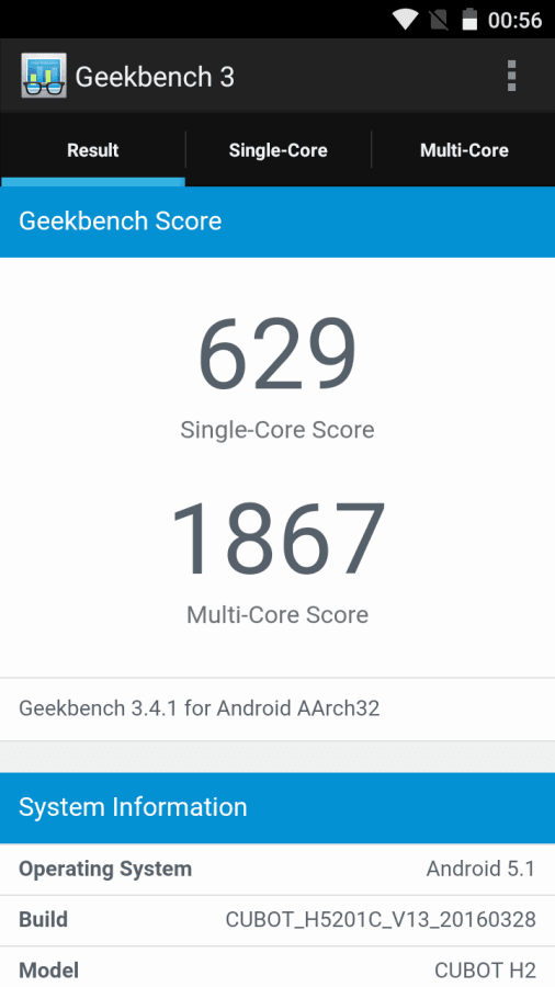 Cubot H2 Benchmark Geekbench