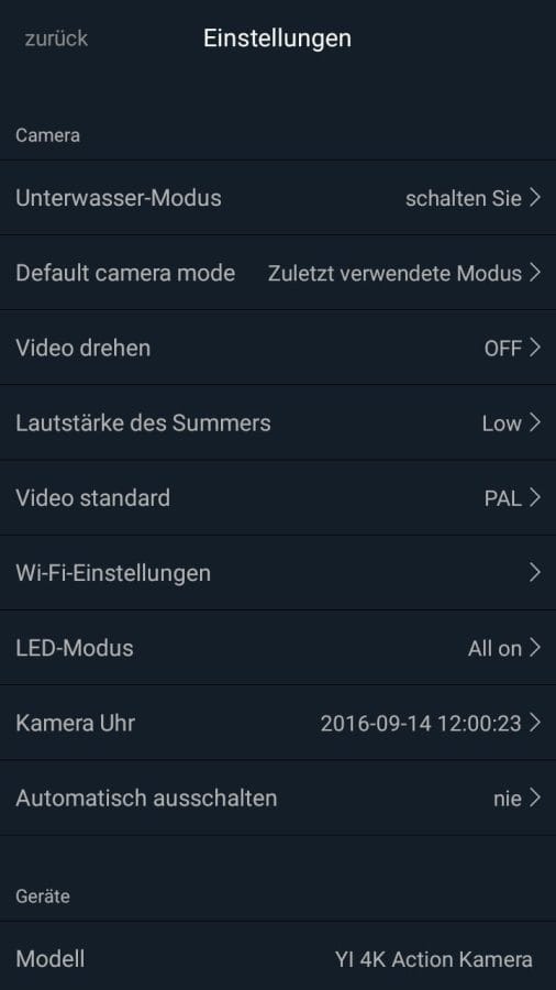 Yi Action App Geräteeinstellungen