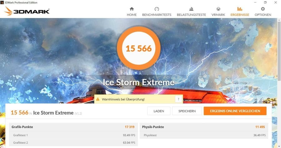 3DMark Benchmarktest Ice Storm Extreme mit 15566 Punkten