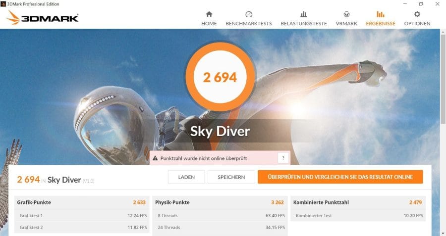 3DMark Benchmarktest Sky Diver mit 2694 Punkten