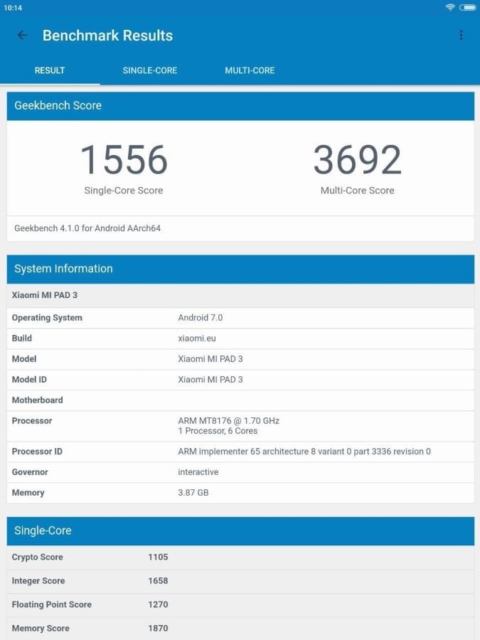 Mi Pad 3 Geekbench