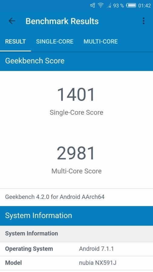 Nubia Z17 Lite Review - Geekbench Benchmarktest