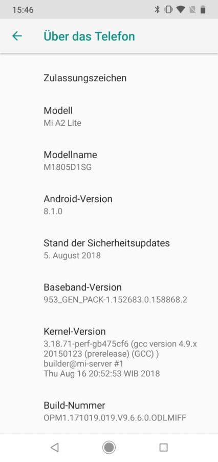 Mi A2 Lite Benutzeroberfläche Systeminfo