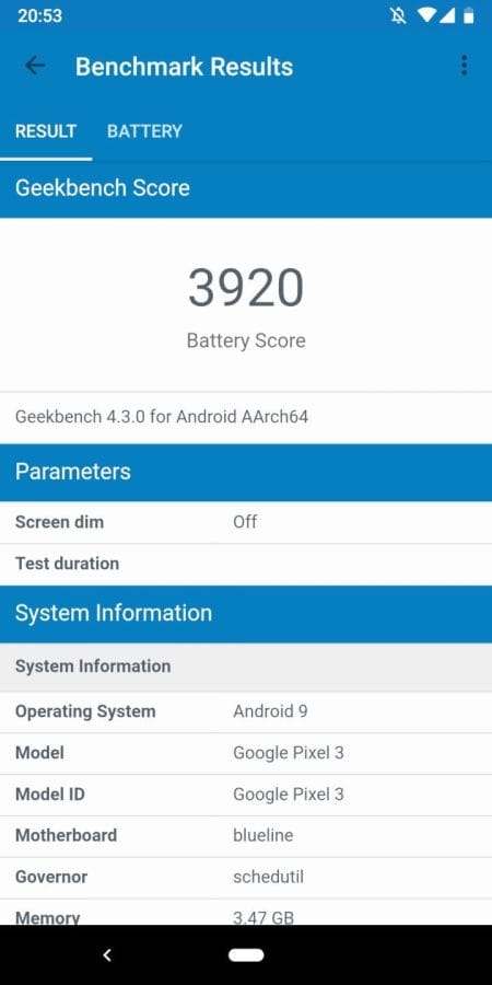 Geekbench Akkutest des Pixel 3