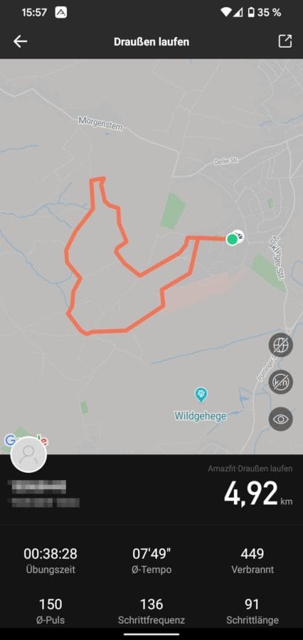 Amazfit GTS GPS Streckenverlauf, dargestellt in der Amazfit App