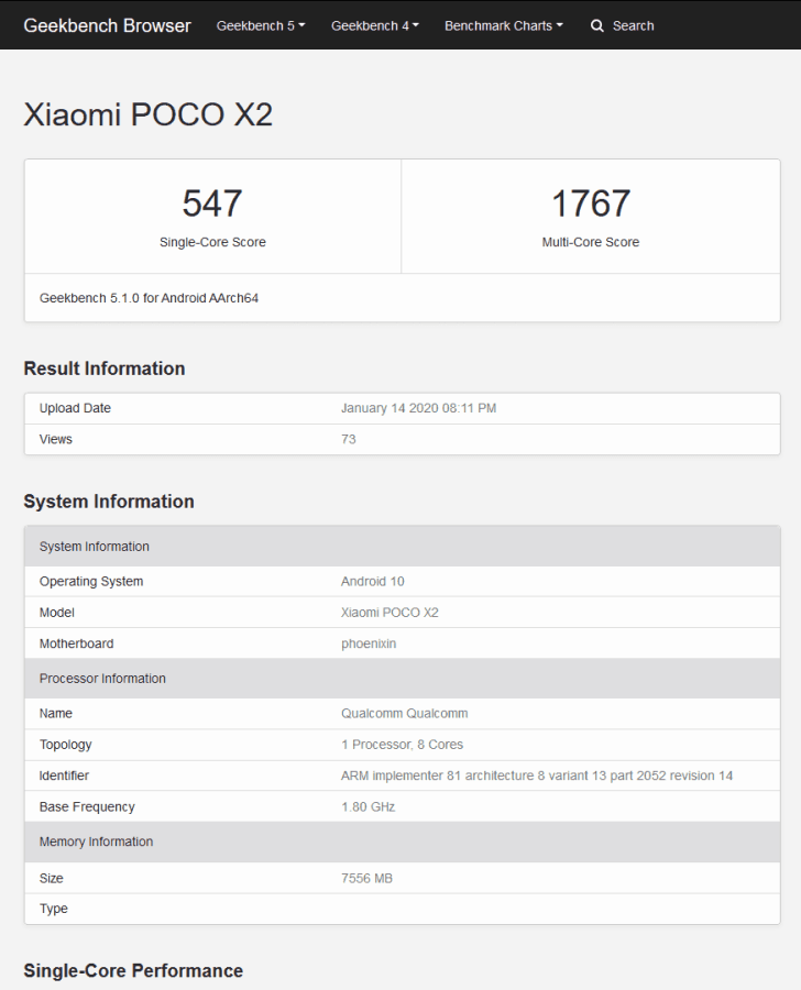 POCO X2 Geekbench