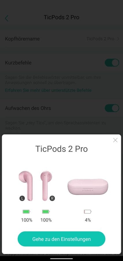 Mobvoi App Status der TicPods 2 Pro