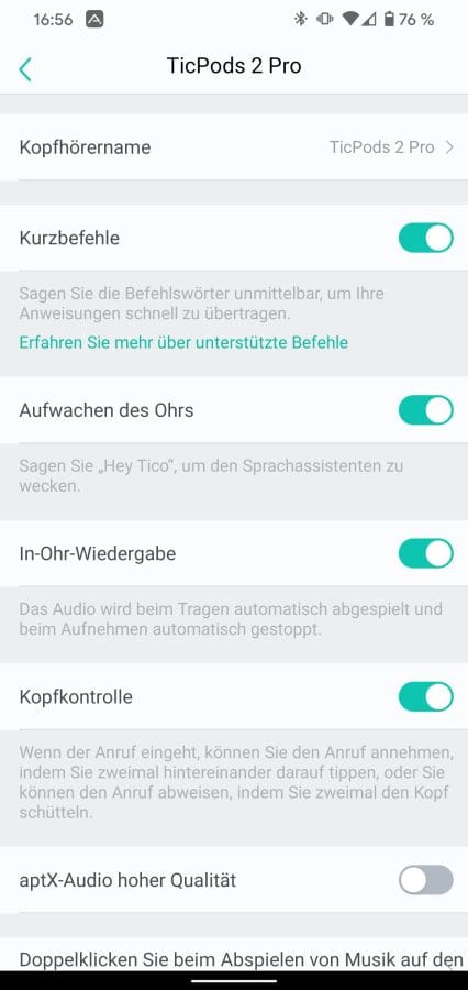 Mobvoi App Einstellungen der TicPods 2 Pro