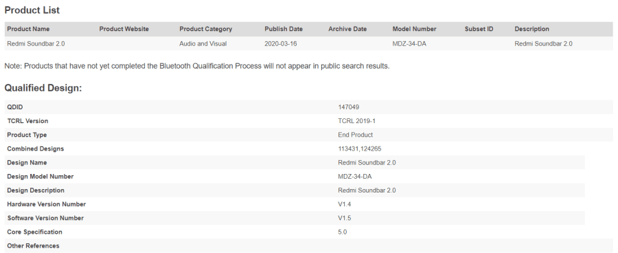 Redmi Soundbar Bluetooth SIG Eintrag