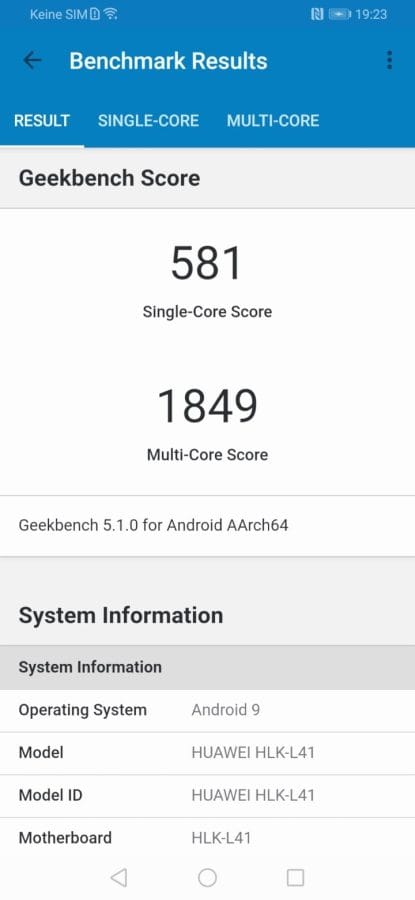 Geekbench 5 Testergebnis auf dem Honor 9X Pro.