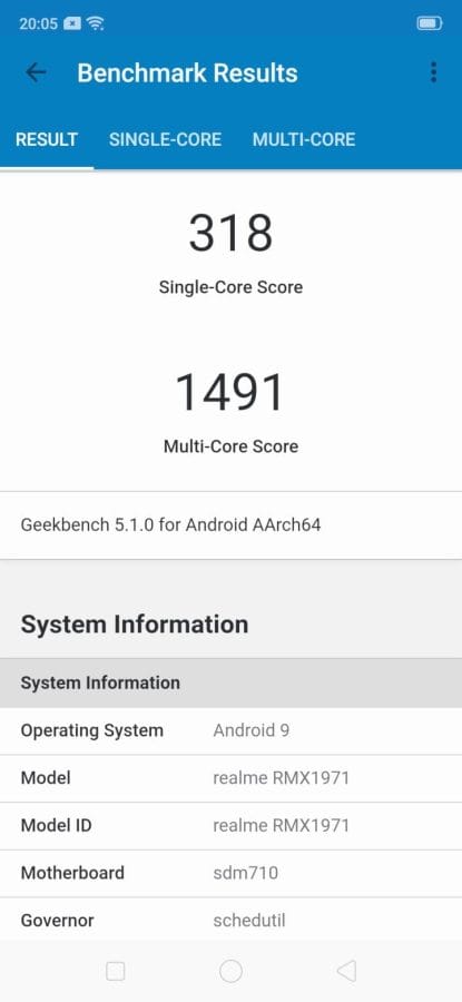 Geekbench 5 Benchmark mit dem Realme 5 Pro