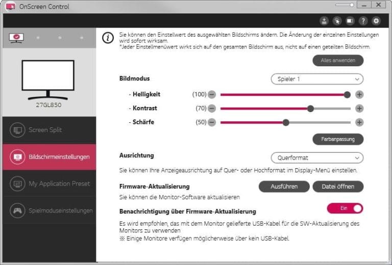 LG OnScreen Control Bildschirmeinstellungen