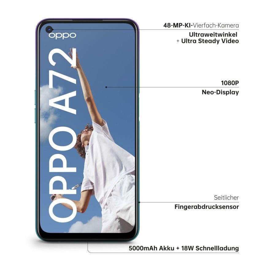 OPPO A72 Vorderseite mit Spezifikationen.