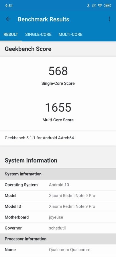 Bechmarkergebnis des Redmi Note 9 Pro in Geekbench.