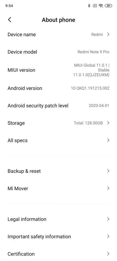 MIUI 11 Benutzeroberfläche Status.