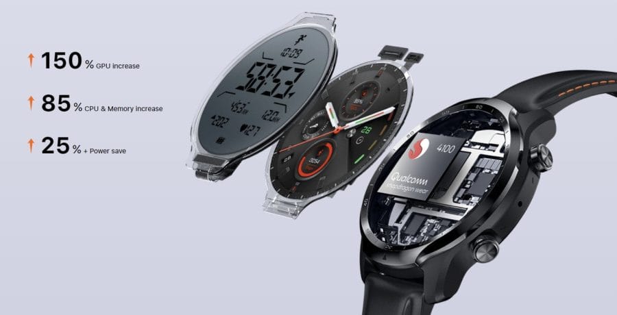 TicWatch Pro 3 GPS 85 Prozent CPU, 150 Prozent GPU und 25 Prozent sparsamer.