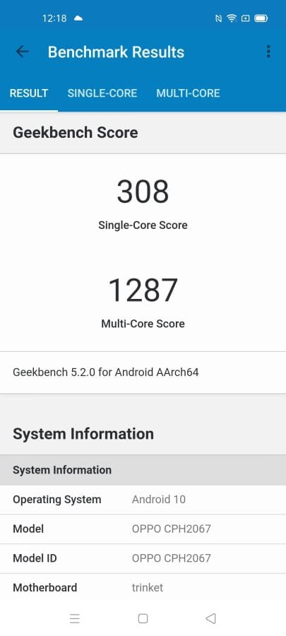 OPPO A72 Test Geekbench Resultat