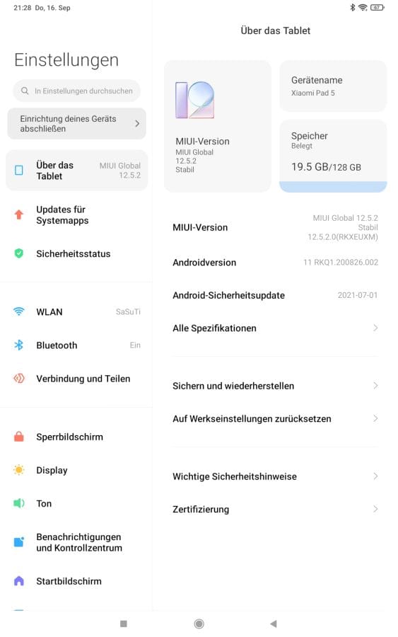 Systeminfo der Xiaomi Pad 5 MIUI Benutzeroberfläche.