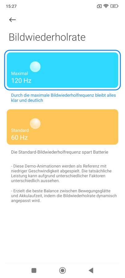 Redmi Note 11 Pro 5G Einstellungen zur Bildwiederholrate mit 120 Hz und 60 Hz.