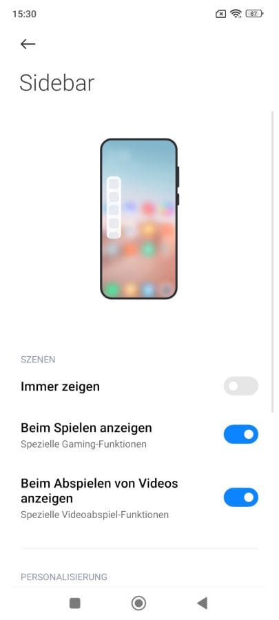 Redmi Note 11 Pro 5G MIUI 13 Seitenleiste.