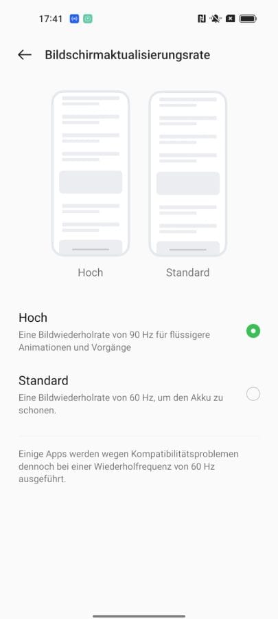 OPPO Find X5 Lite ColorOS Einstellungen zur Bildwiederholrate.