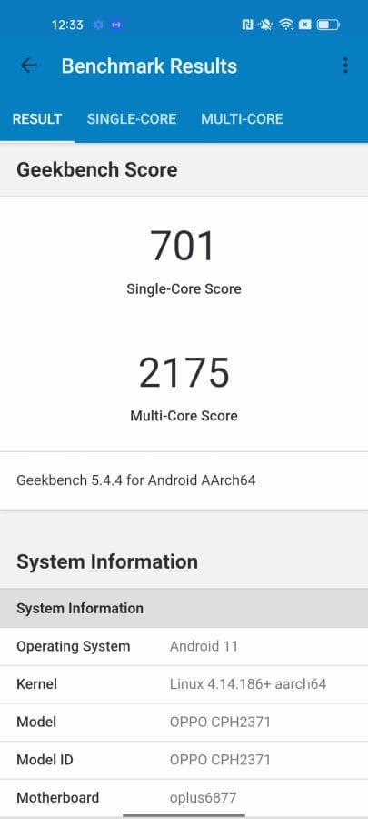 OPPO Find X5 Lite Geekbench Benchmark-Ergebnis.