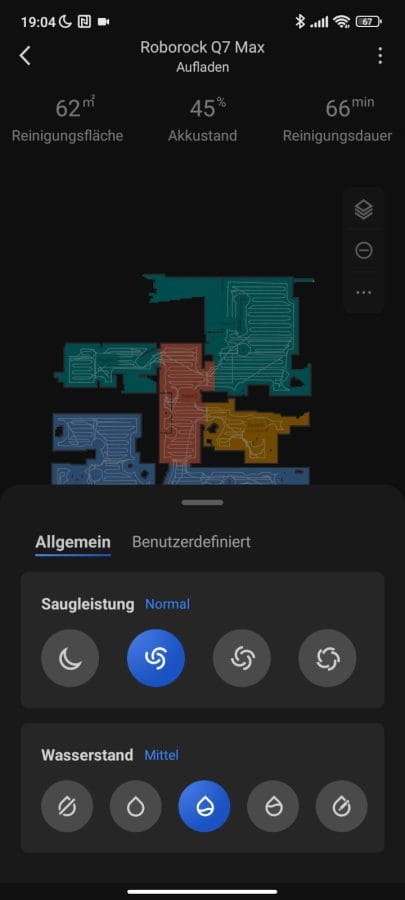 Roborock App Saugstufe und Wasserverteilung