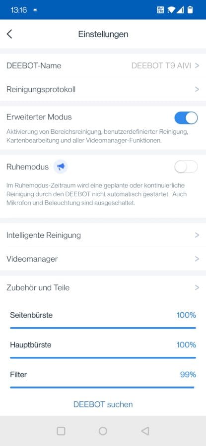 ECOVACS DEEBOT T9 AIVI App Einstellungen