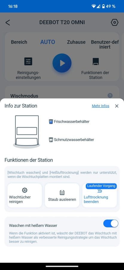ECOVACS DEEBOT T20 OMNI Einstellungen Reinigungsstation