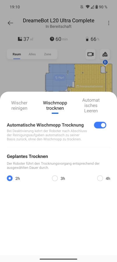 Dreamehome App Einstellungen Wischmopptrocknung