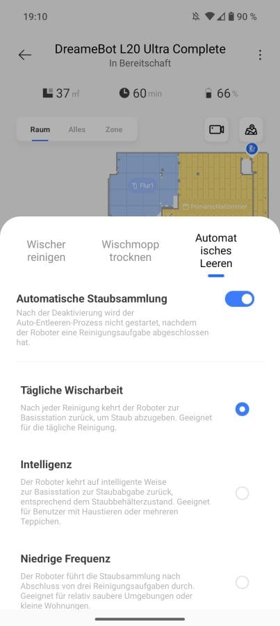 Dreamehome App Einstellungen Automatisches Entleeren