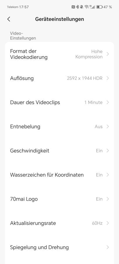 70mai App Kameraeinstellungen