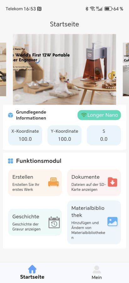 LONGER Nano Pro LaserBurn App Homescreen