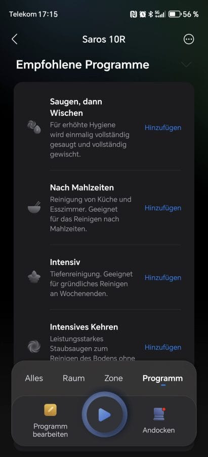 Roborock-App Reinigungsprogramme